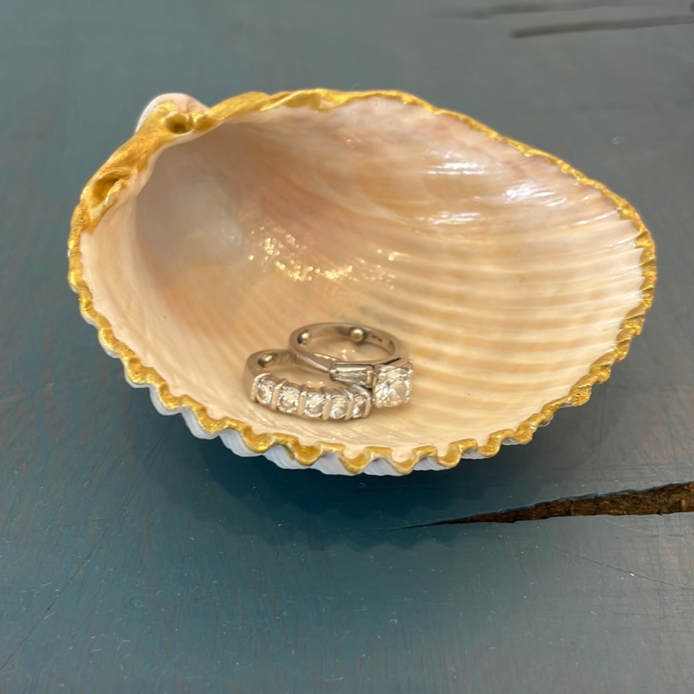 Cream Pink and Gold Clam Shell Ring Dish, Ring Holder Large that Gives Back🎗️
